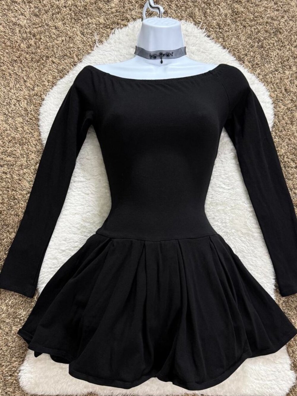 Y2k girly grunge witchy romantic goth black boat neck long sleeve drop waist min